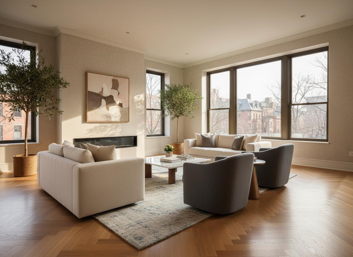 Wide-plank hardwood living room